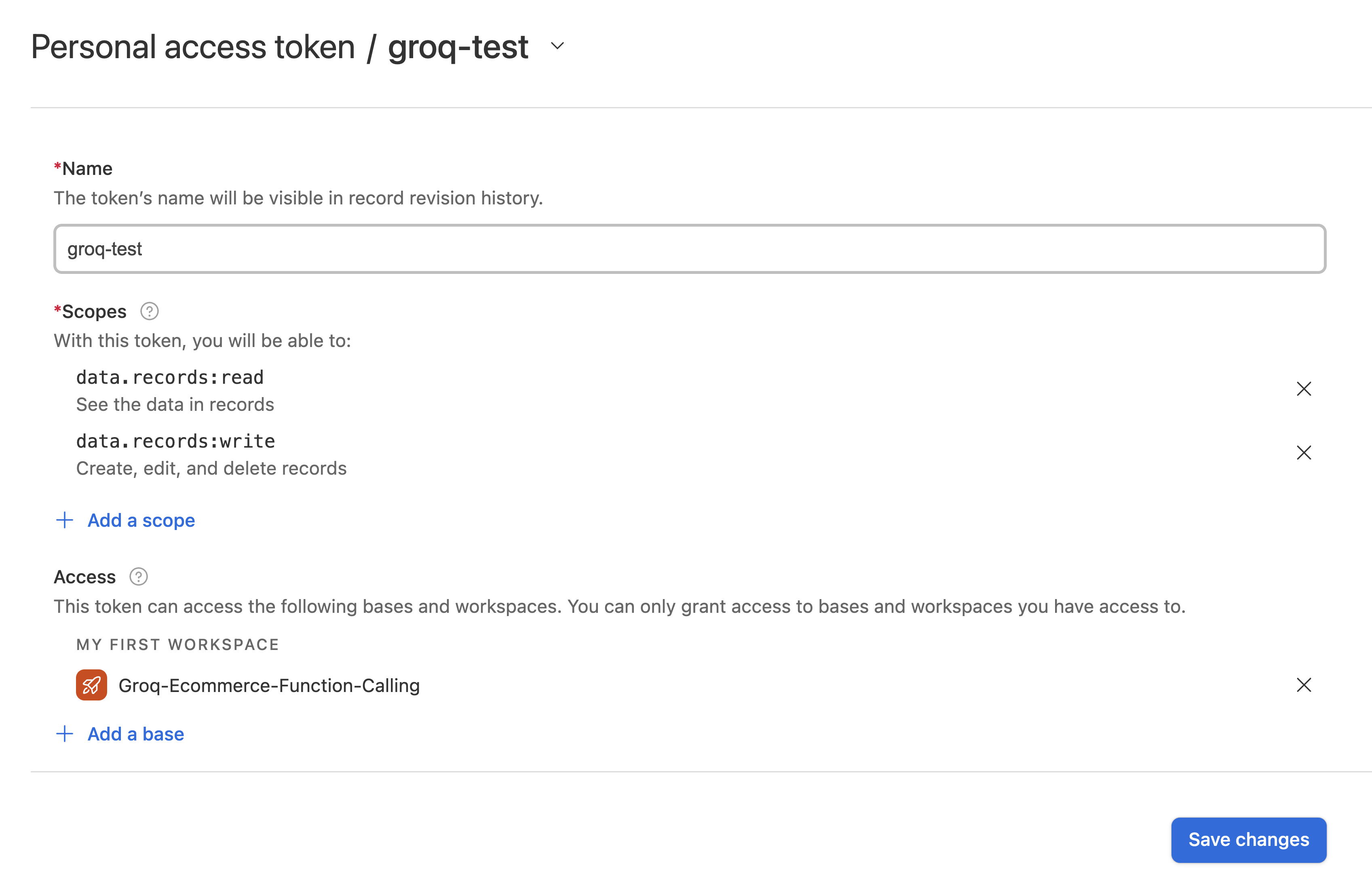 Airtable scopes for the Groq e-commerce bot