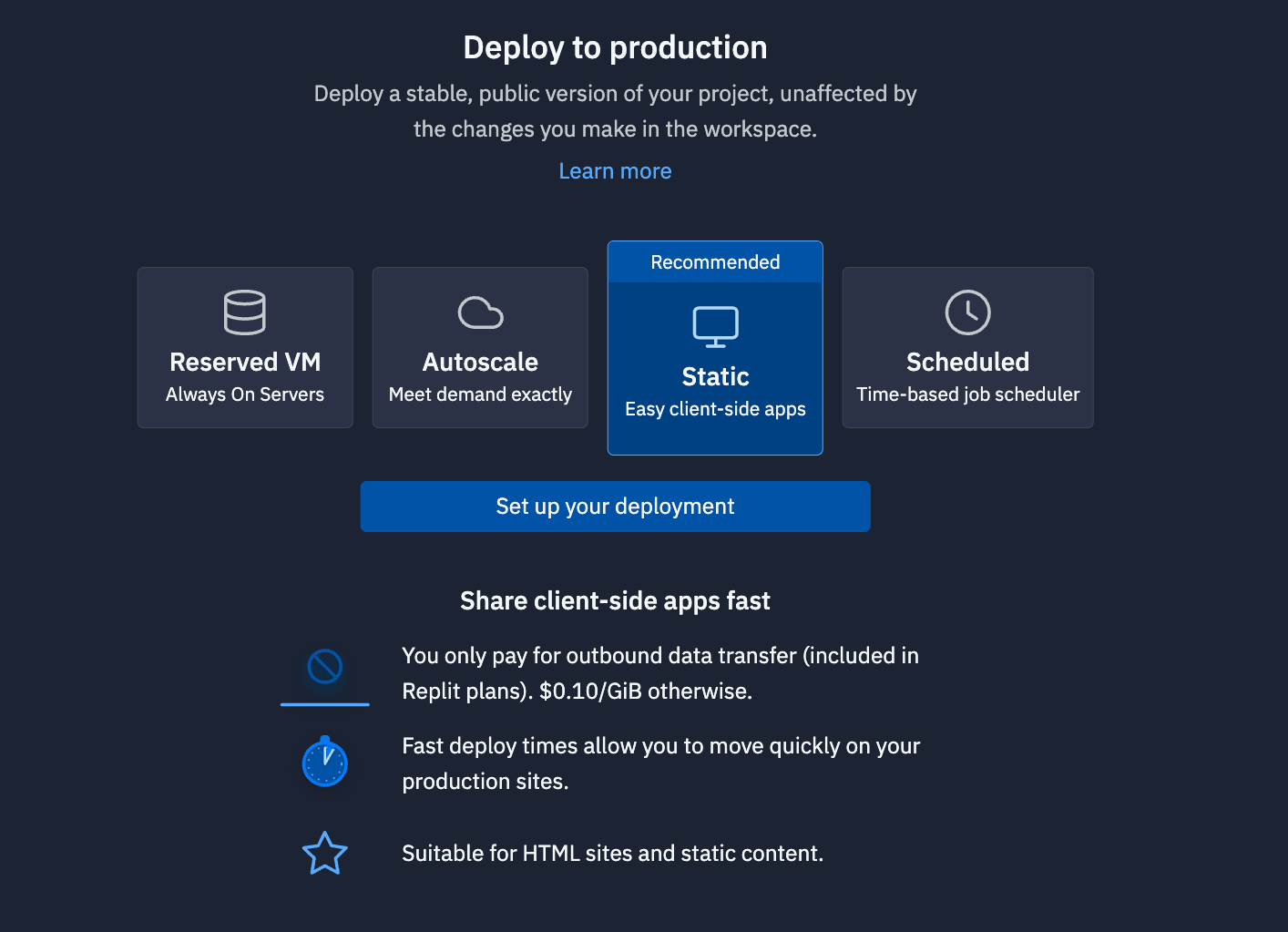 Replit Deployments selection UI