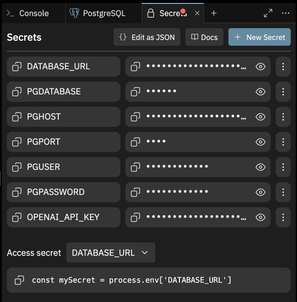 The list of Secrets for the website Q&A bot