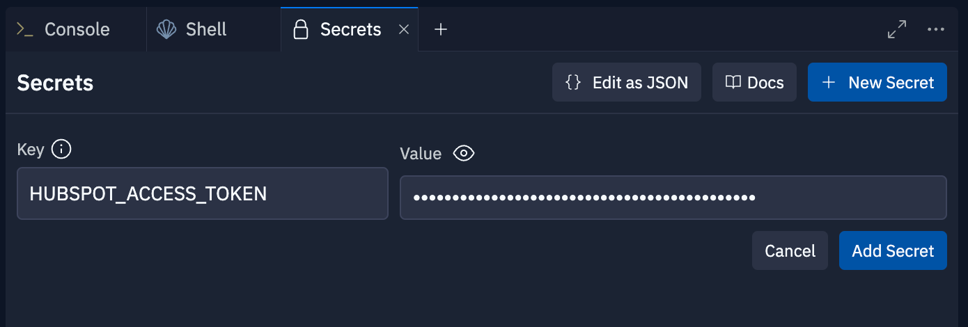 Replit Secrets UI adding a HUBSPOT_ACCESS_TOKEN