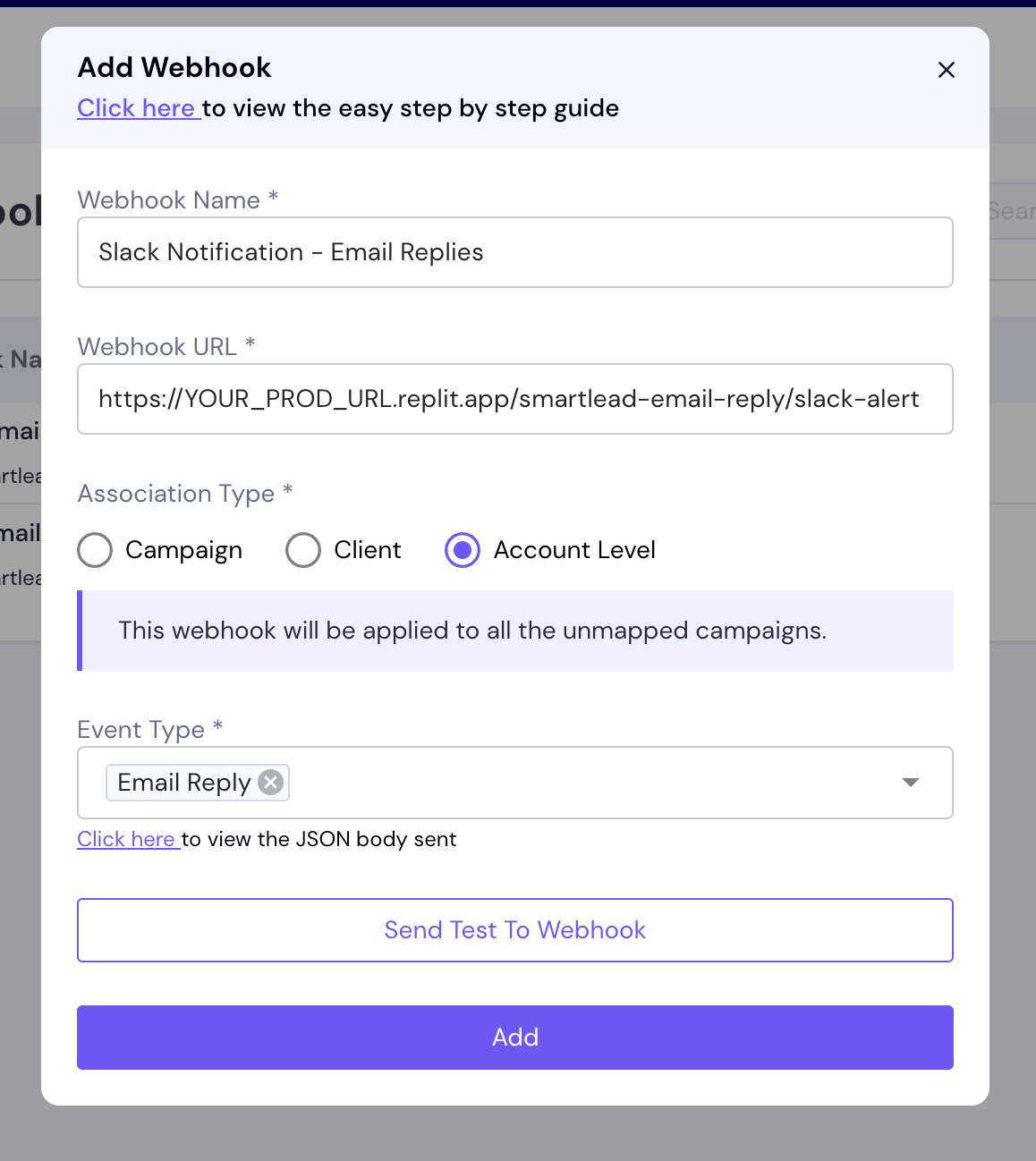 Smartlead Webhook settings modal