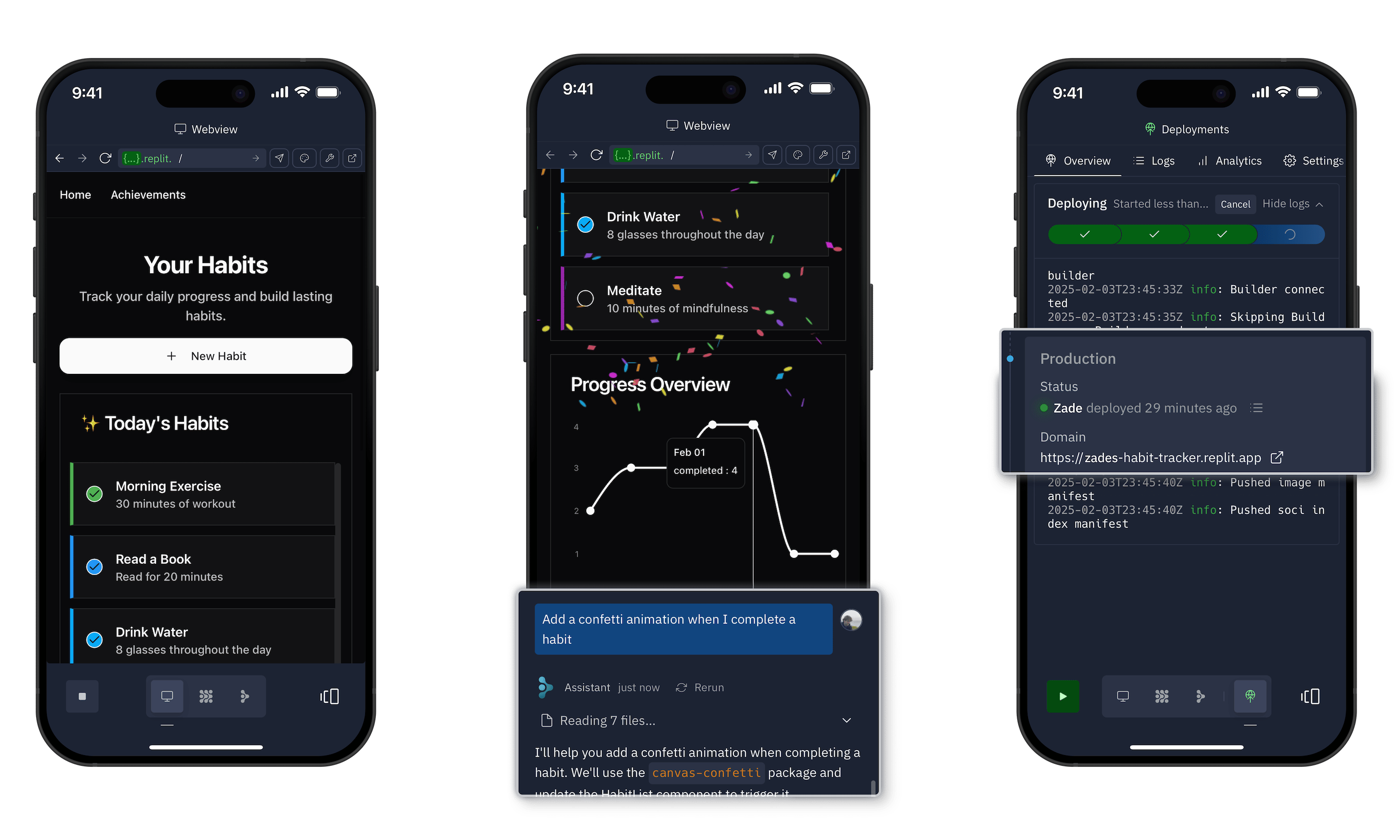3 phones showing screenshots of the Replit mobile app